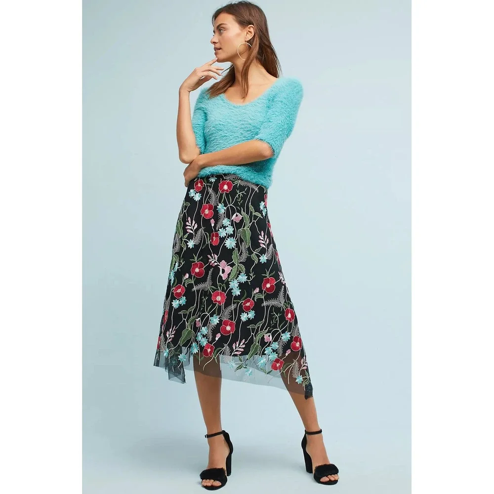 Eva Franco Fairy Grunge Boho Floral Embroidered Mesh Midi Skirt Size 4 Feminine